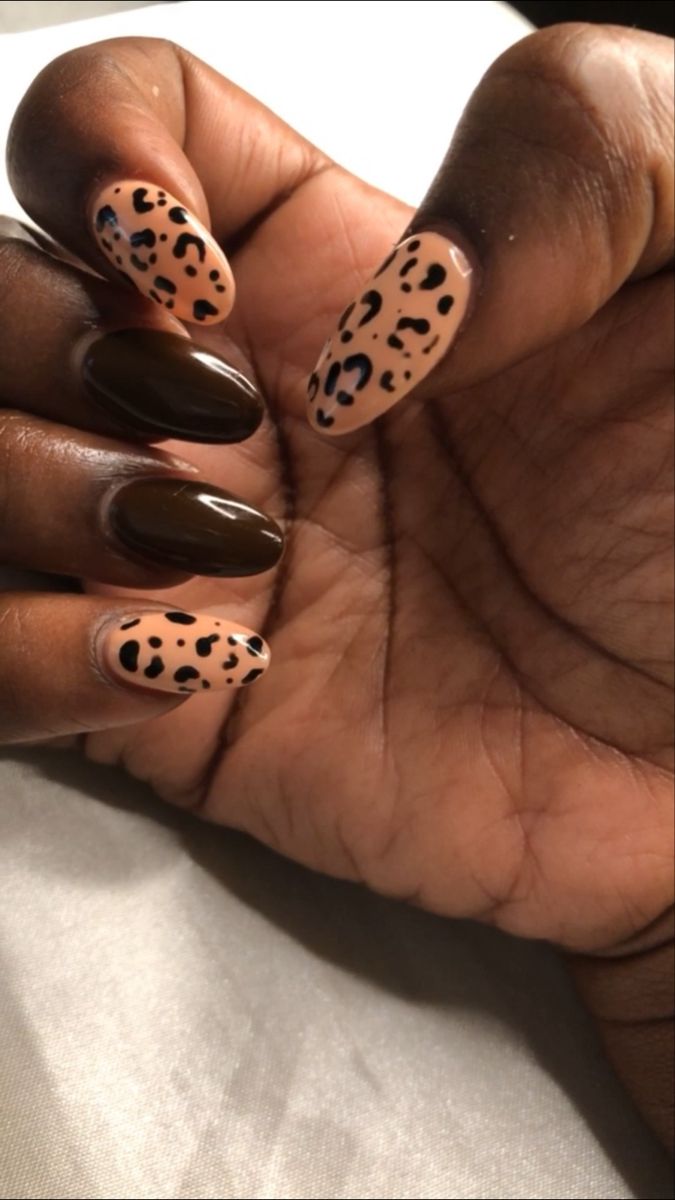 Trendy Earthy Tones: Elegant Nail Design with Playful Leopard Patterns