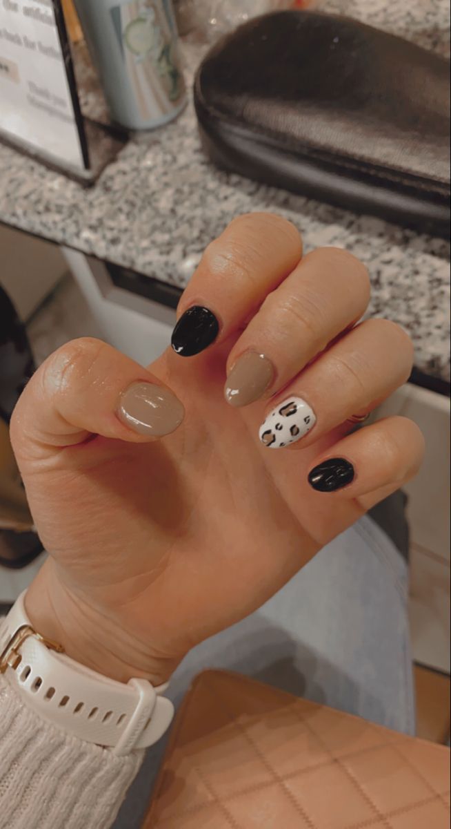 Elegant and Fun: Colorful Nail Design with Bold and Neutral Shades and Playful Animal Print Accent.