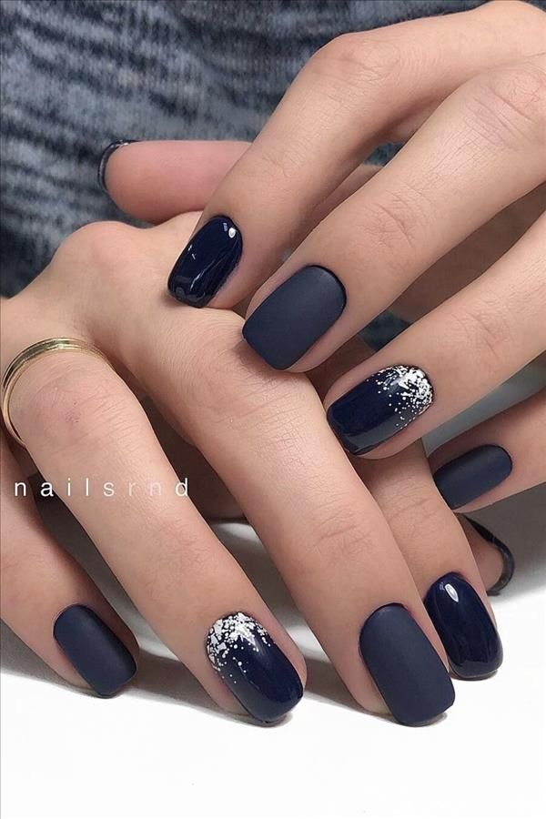 Chic Matte Navy Nails with Glitter Tips: A Modern Blend of Elegance and Texture.