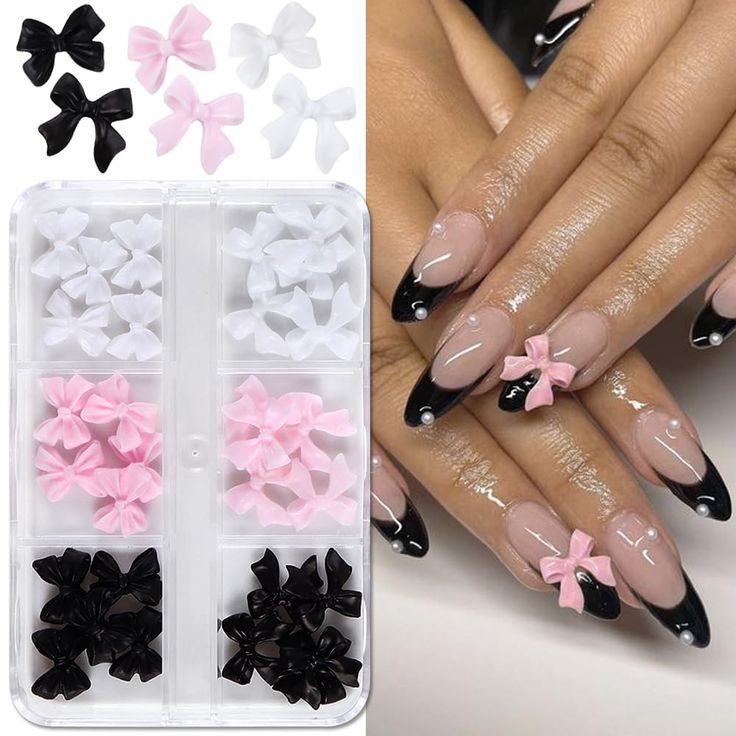 Charming French Tip Nail Design with Whimsical Bow Embellishments and Glossy Finish.