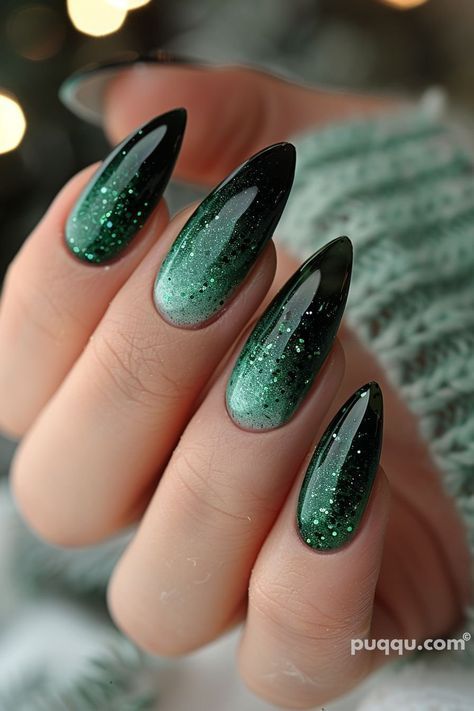 Elegant Gradient Nail Design in Dark Green and Emerald with Glitter Finish.