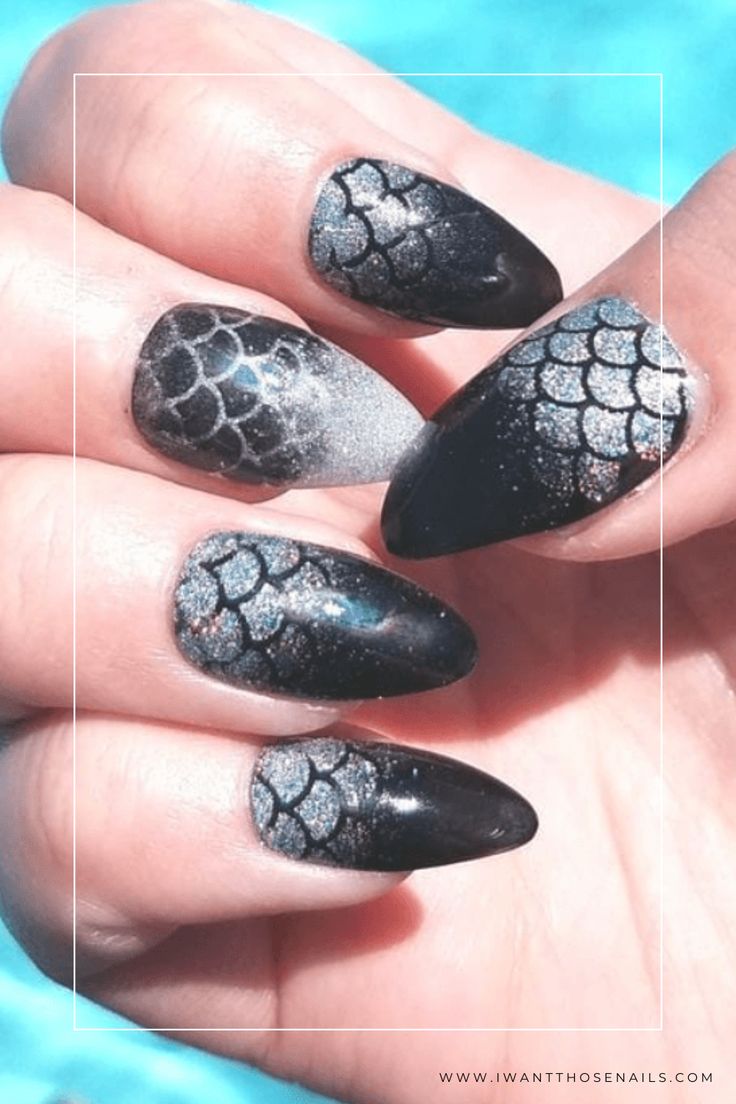 Elegant Black and Silver Almond-Shaped Nail Design with Fish Scale Pattern.