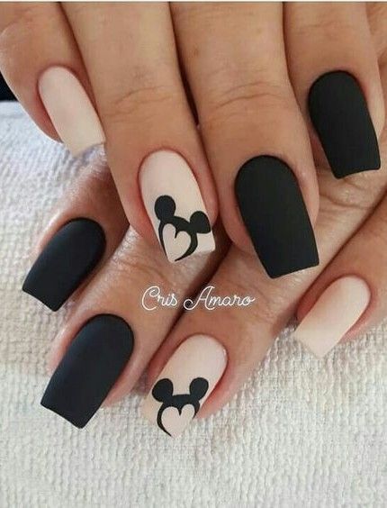 Chic Matte Black and Nude Nail Design with Playful Mickey Mouse Motifs