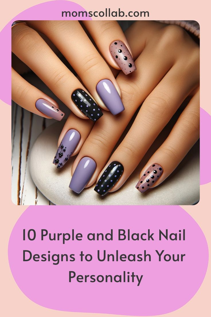 Chic Purple and Black Nail Designs with Glossy-Matte Contrast and Intricate Patterns.