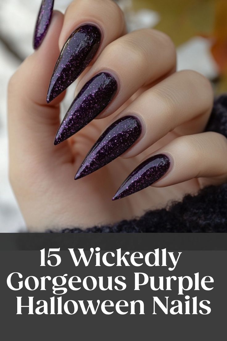 Glamorous Purple Halloween Stiletto Nails with Shimmering Glitter