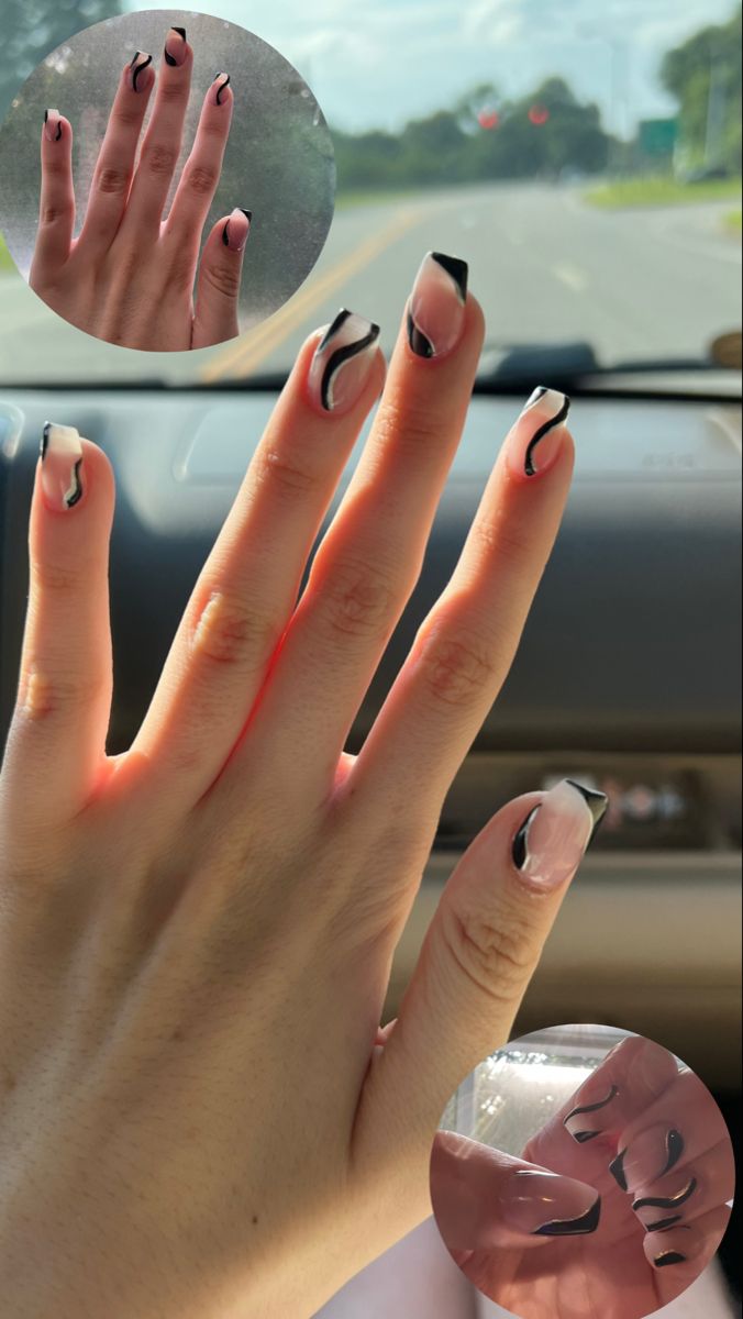 Modern Elegant Nail Design: Soft Nude with Bold Black Waves