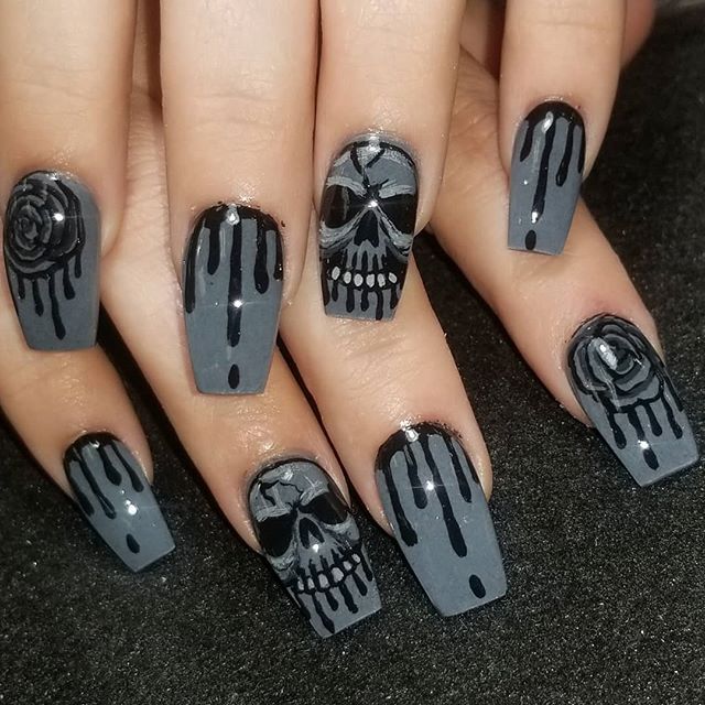 Edgy Gothic Nail Art with Gray and Black Skulls and Roses