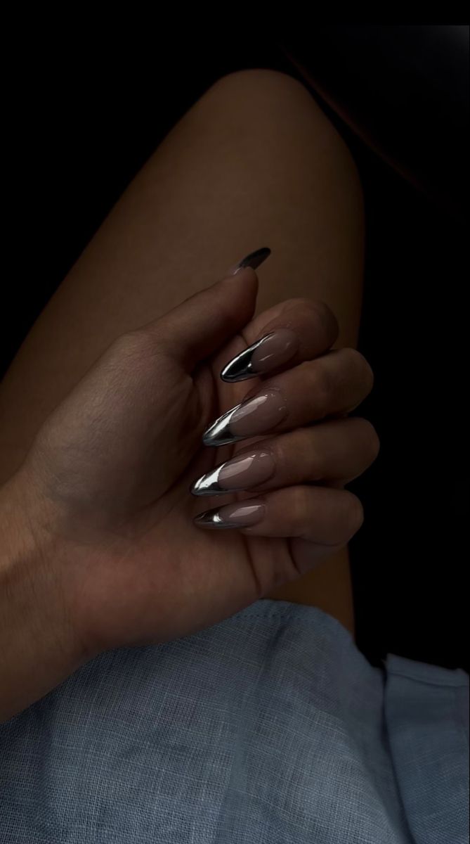 Chic Metallic Silver-Tipped Acrylic Nails: A Bold, Elegant Choice for Any Occasion.