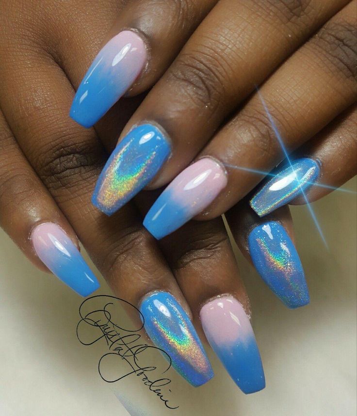 Vibrant Ombre Nails in Blue and Pink with Holographic Accents and Elegant Shape.