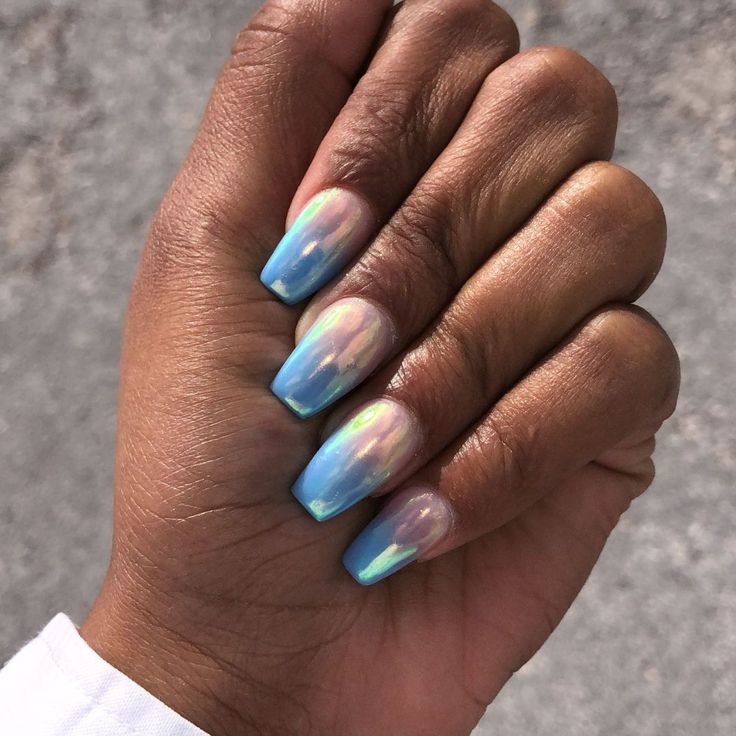 Stunning Holographic Nails: Iridescent Blue Shades in Long Square Design