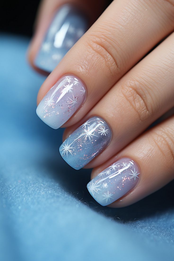 Elegant Winter Ombre Nails with Snowflake Designs