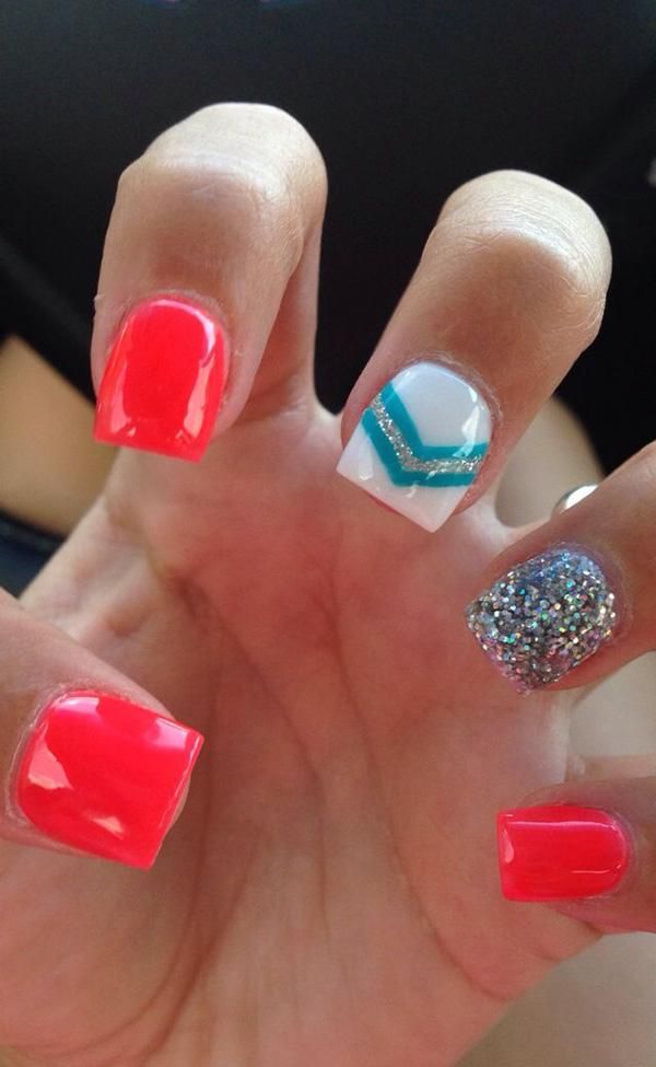 Vibrant Neon Nail Design with Coral, Teal Chevron, and Glitter Accent.