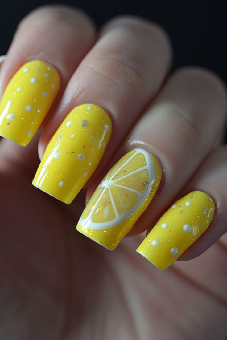 Cheerful Bright Yellow Nail Design with Sparkling Finish and Lemon Slice Accents.