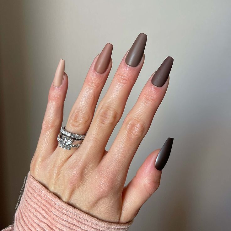 Sophisticated Matte Stiletto Nails with Earthy Gradient Tones.