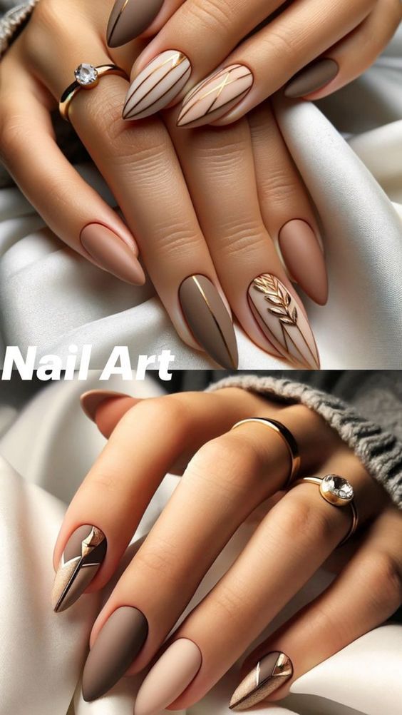 Elegant Nude Geometric Nail Design with Metallic Accents and Leaf Motifs