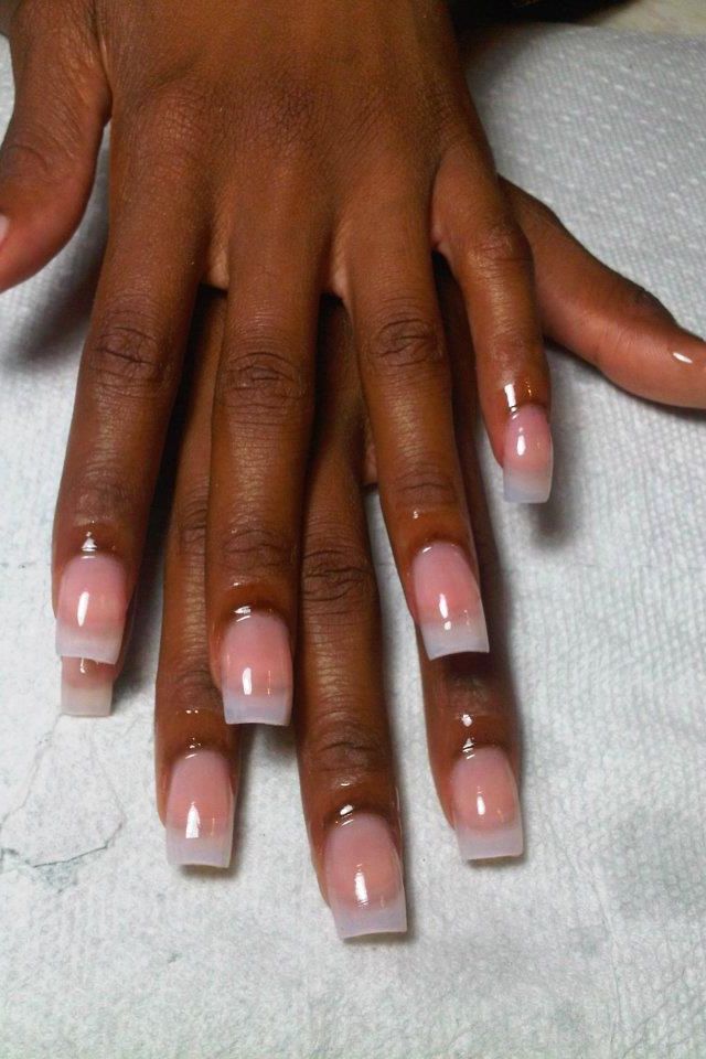 Elegant French Tip Manicure with Soft Gradient and Modern Square Shape.