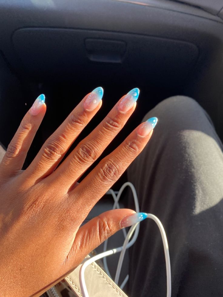 Chic Pink and Blue Nail Design: Elegant Blend with Vibrant Tips.