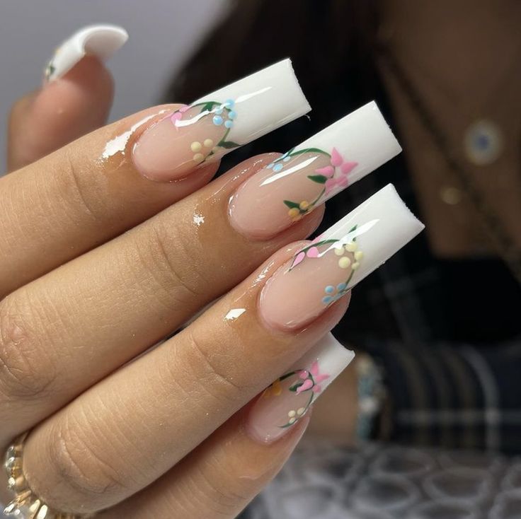 Pastel Floral French Tip Nail Design: Elegant and Feminine Modern Style.