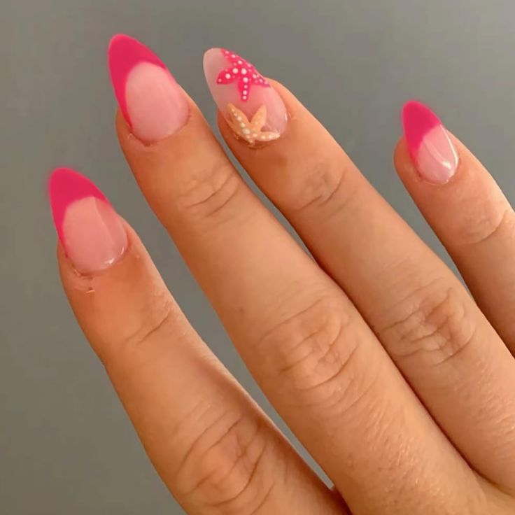 Playful Vibrant Pink French Tips with Whimsical Designs for Personalized Nail Art.