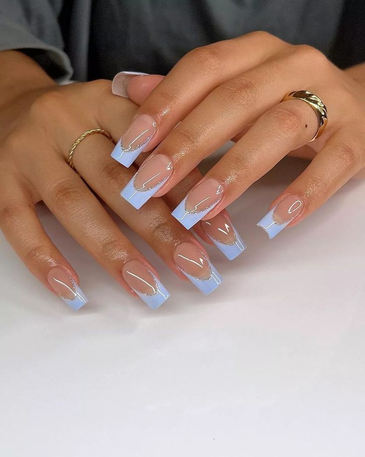 Chic Long Square Nails with Soft Blue French Tips and Elegant Line Art