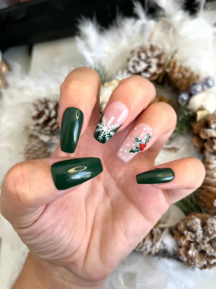 Elegant Festive Nail Design: Glossy Green Palette with Snowflake and Holly Accents