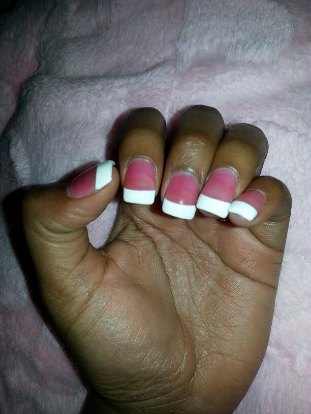 Chic and Playful Colorful Nail Design with Soft Pink Gradient and White Tips.