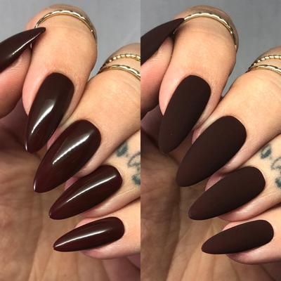 Sophisticated Deep Burgundy Nail Design with Bold Pointed Tips and Chic Glossy-Matte Finish.