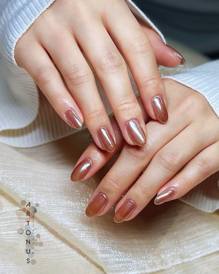 Elegant Almond-Shaped Nail Design in Warm Earthy Tones with Glossy and Matte Finishes.