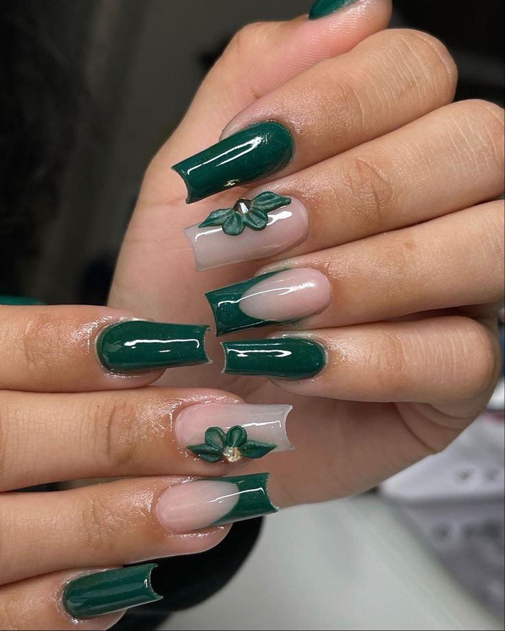 Sophisticated Deep Green Nail Design with Unique Floral Accents.