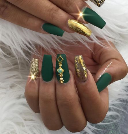 Sophisticated Elegant Green Matte Nail Design with Shimmering Gold Accents and Glamorous Jewels