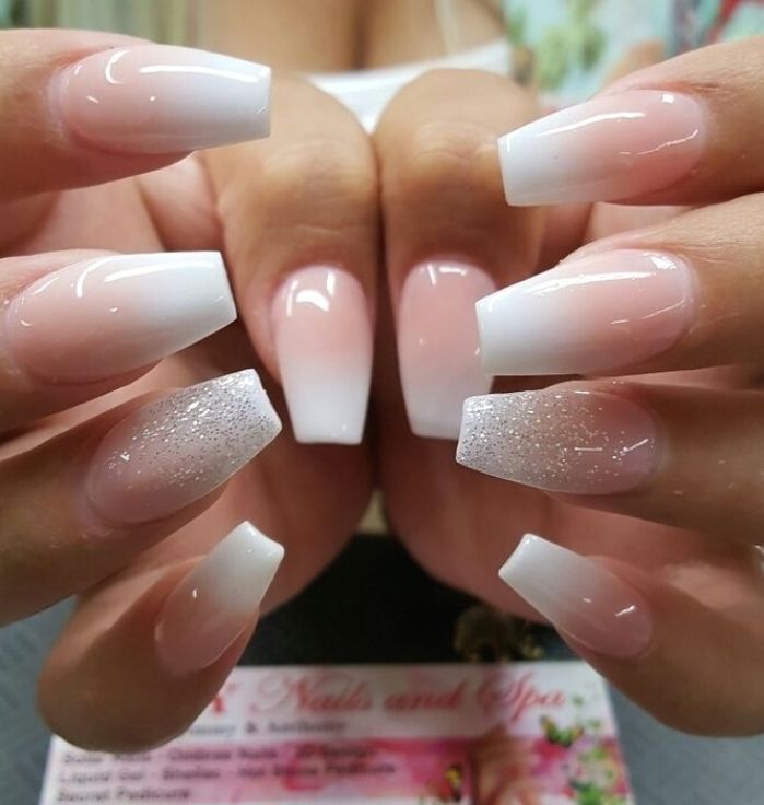 Elegant Ombre Nails: Soft Pink to White Gradient with Glamorous Accents and Sharp Square Shape