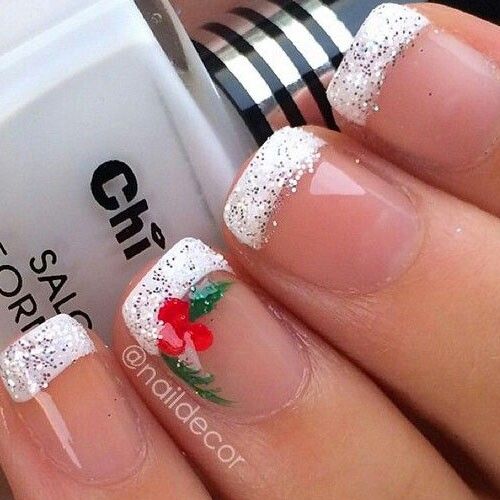 Elegant Festive French Tip Nails with Glitter and Holiday-Themed Artwork.