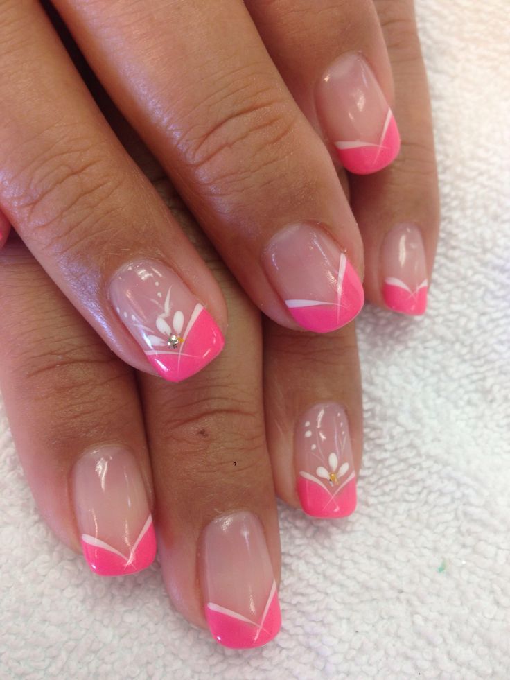 Elegant Playful Pink and White Geometric Nail Design with Floral Accents