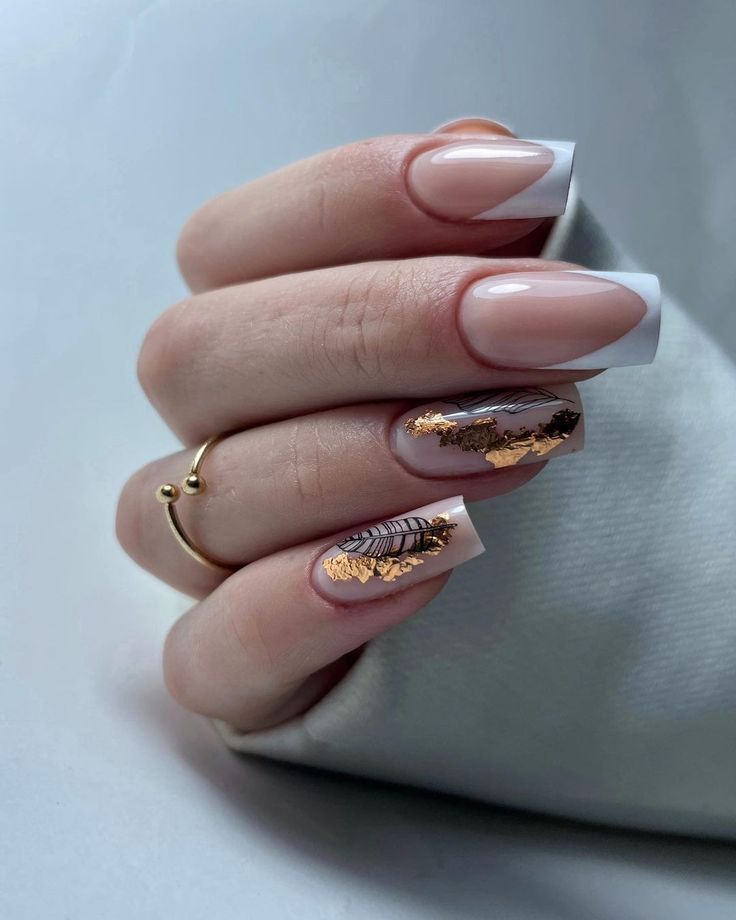 Chic Nude and White Nail Design with Gold Foil Accents