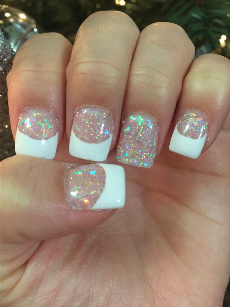 Chic Sparkling French Manicure with White Tips and Iridescent Glitter for Everyday Glamour.