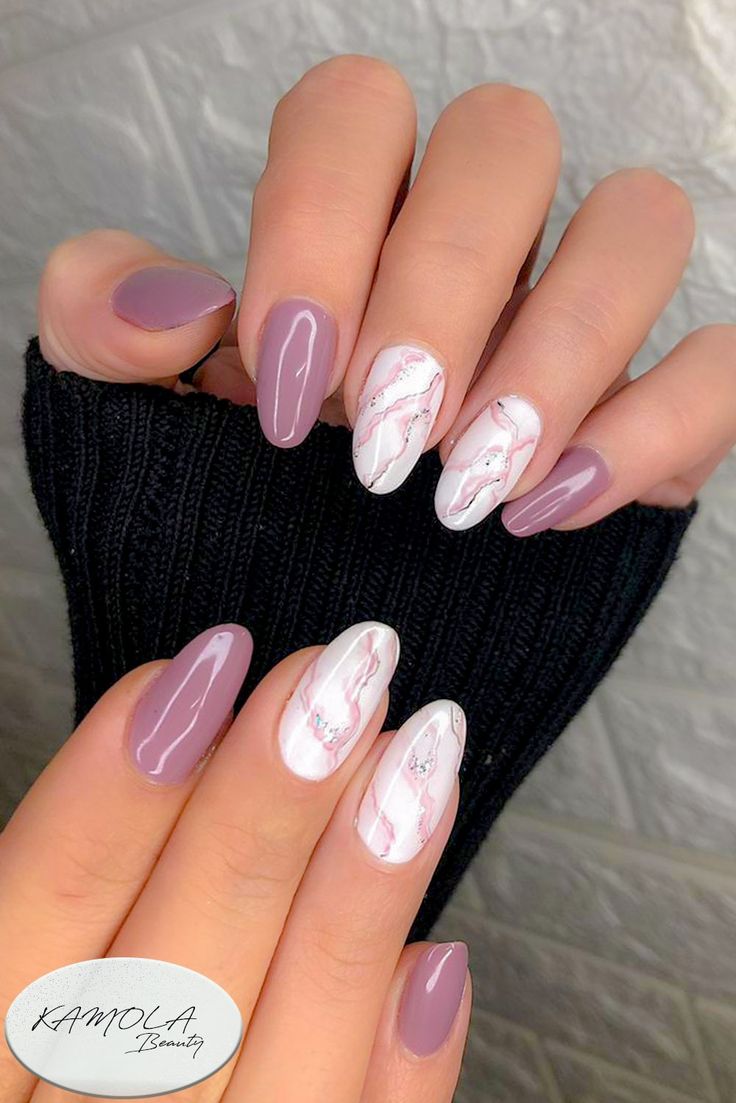 Elegant Chic Nail Design with Pastel Pink, Deep Mauve, and Marble Accents.