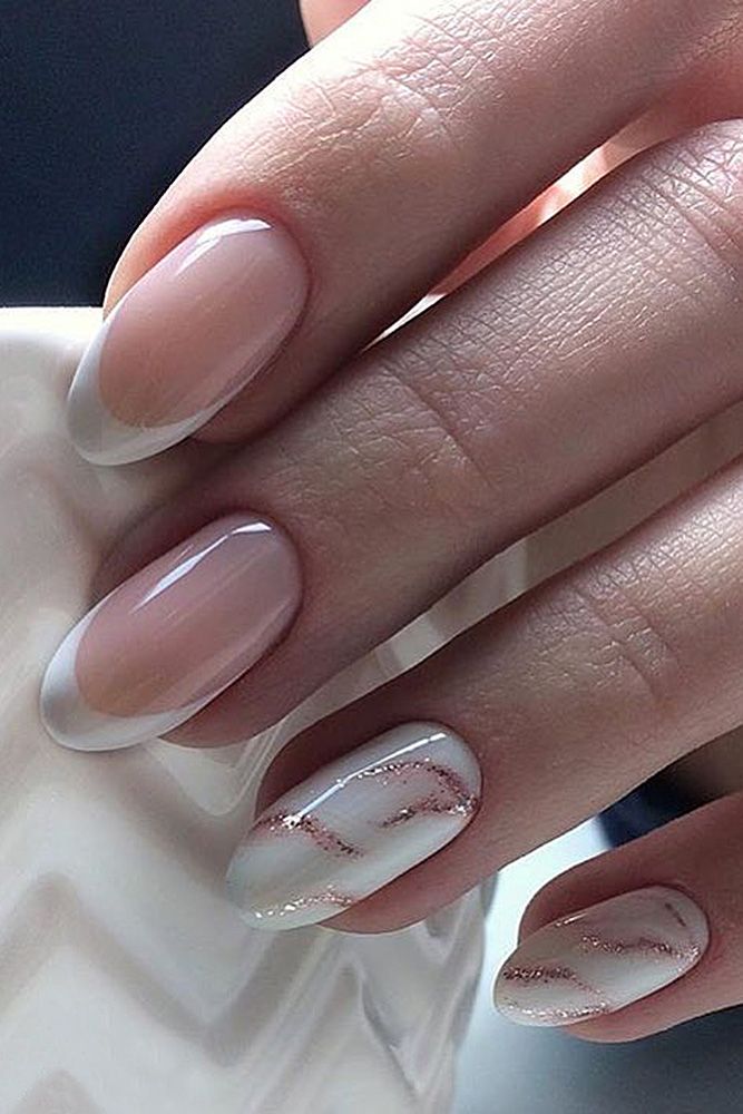 Chic Nude and White Nail Design with Glamorous Rose Gold Accents