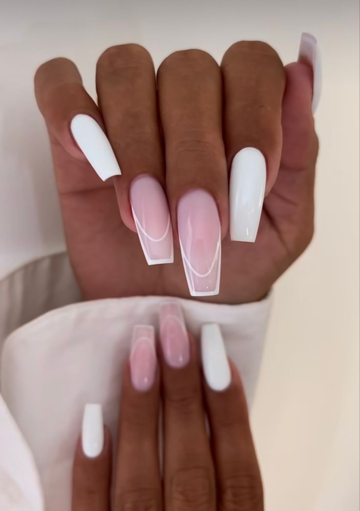 Chic Elegant Nail Design in Glossy White and Soft Pink with Sophisticated Line Details.