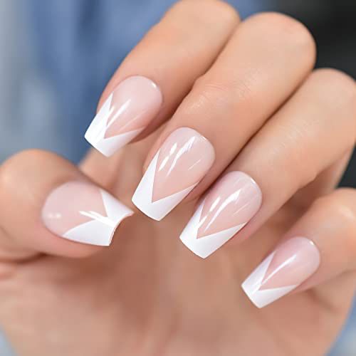 Modern Chic French Tip Nail Design with Angular Nude and White Combination