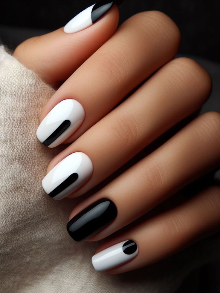 Modern Monochrome Nail Design with Black and White Geometric Patterns.