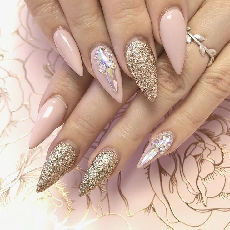 Sophisticated Soft Pink and Golden Elegant Nail Design with Sparkling Jewels for Special Occasions