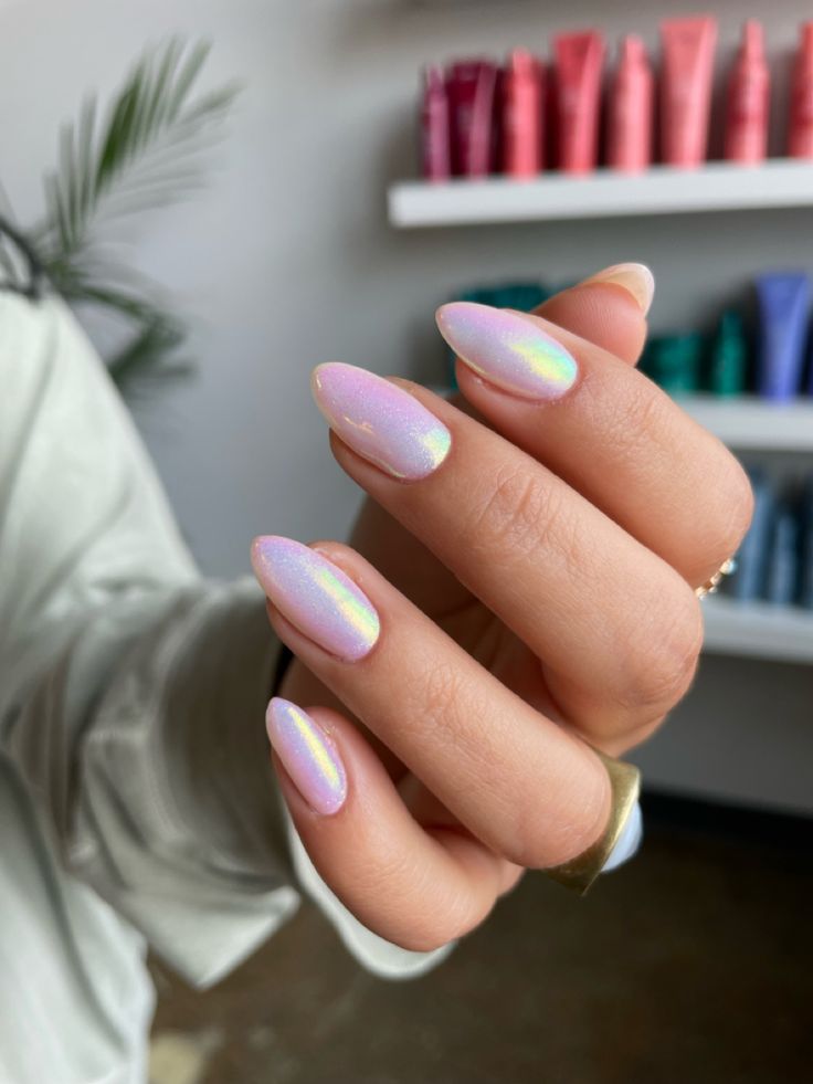 Iridescent Almond Nails: Chic Soft Pink Base with Color-Shifting Elegance.