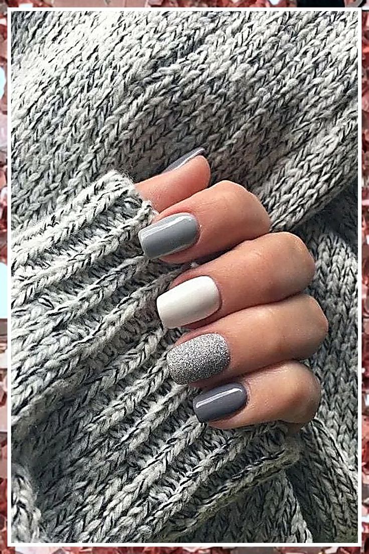 Chic Modern Nail Design: Muted Gray and White with Sparkling Accent krasivoComplementing Cozy Textures.