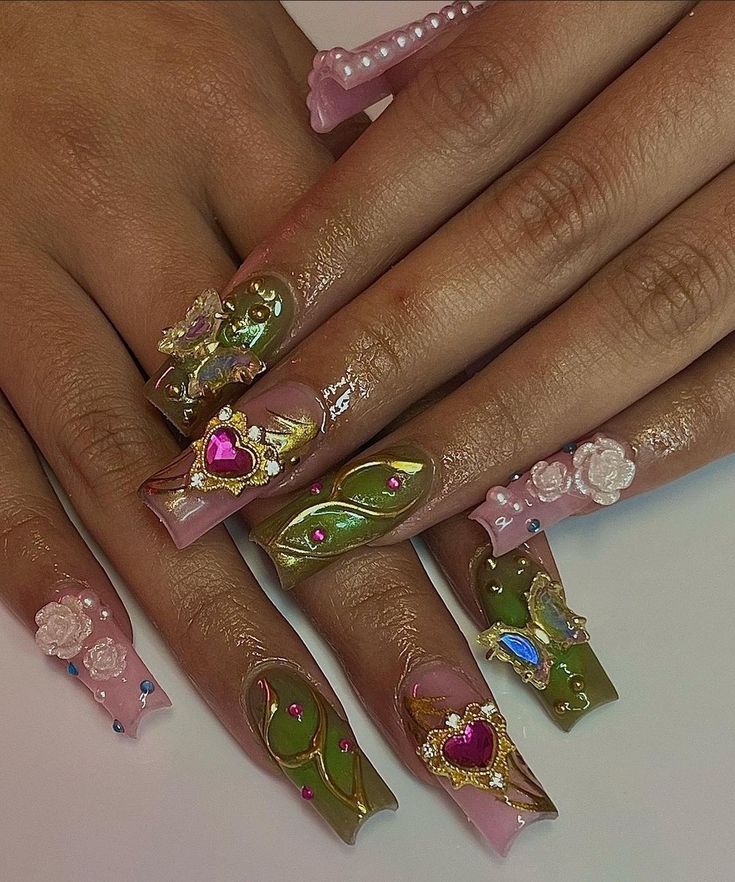 Elegant Floral Nail Design: Vibrant Colors and Intricate Embellishments