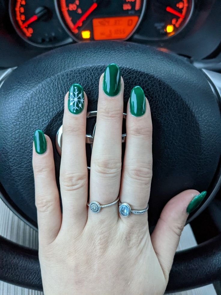 Green Christmas Nails With Snowflakes