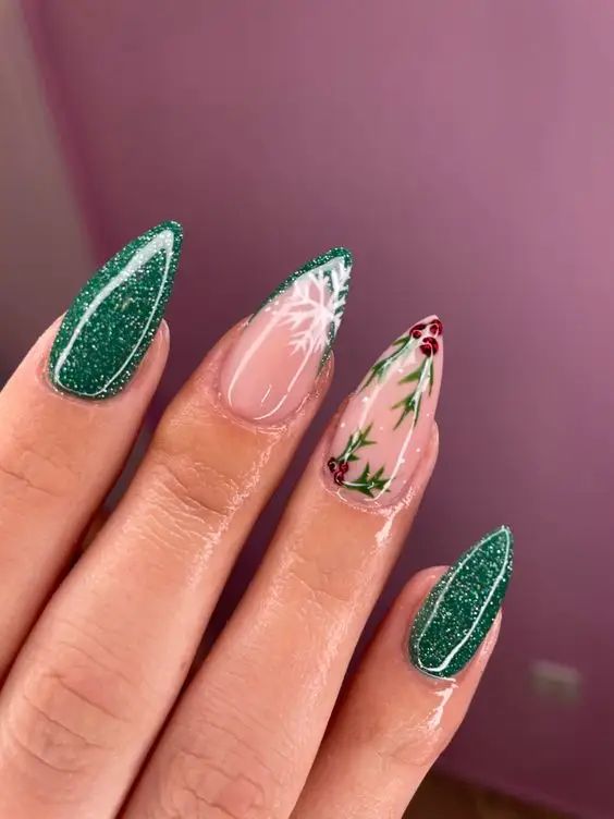 Elegant Winter Nail Design: Almond Shapes with Sparkling Green, Snowflakes, and Floral Patterns.