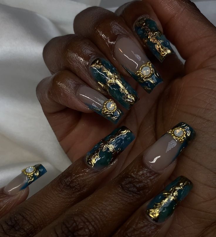 Teal and Nude Elegant Nail Design with Gold Accents and Pearls