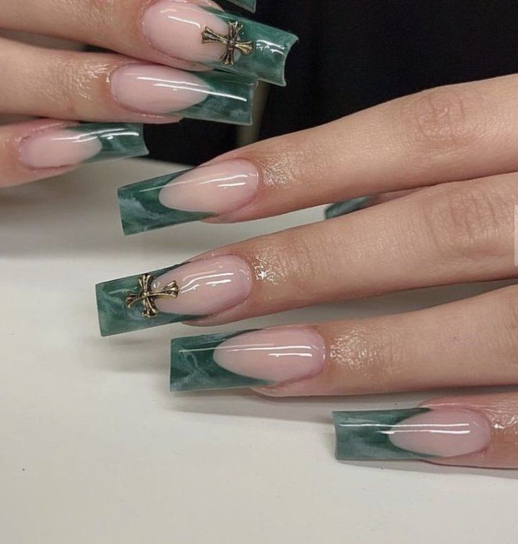 Green Nails With Cross