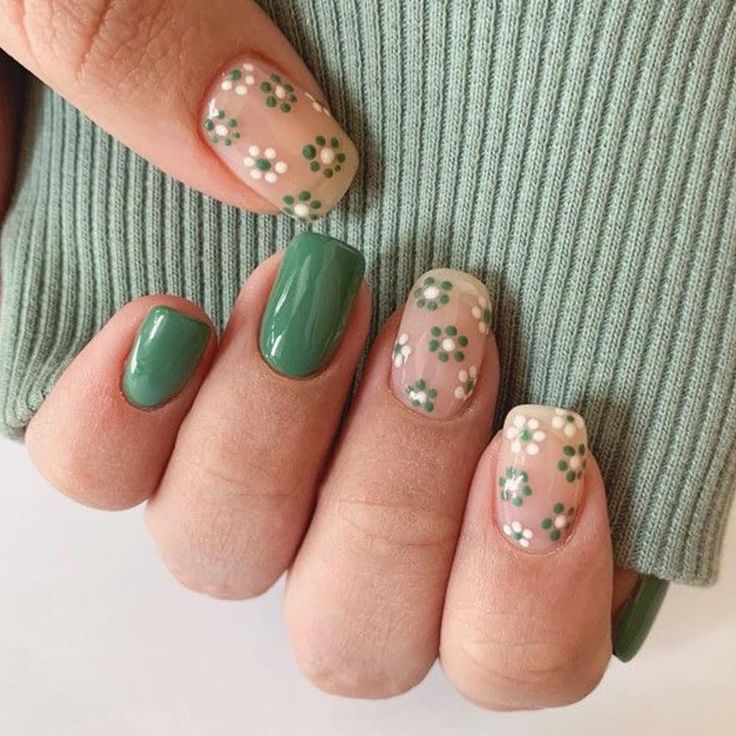 Whimsical Floral Nail Design with Green and Neutral Shades