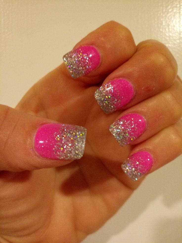 Vibrant Pink and Shimmering Silver Gradient Nail Design for a Playful Flair.